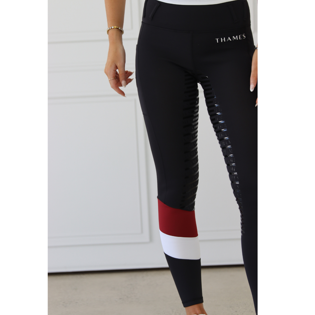 Elite Riding Tights - Black+Red - Riding Leggings – Thames Equestrian