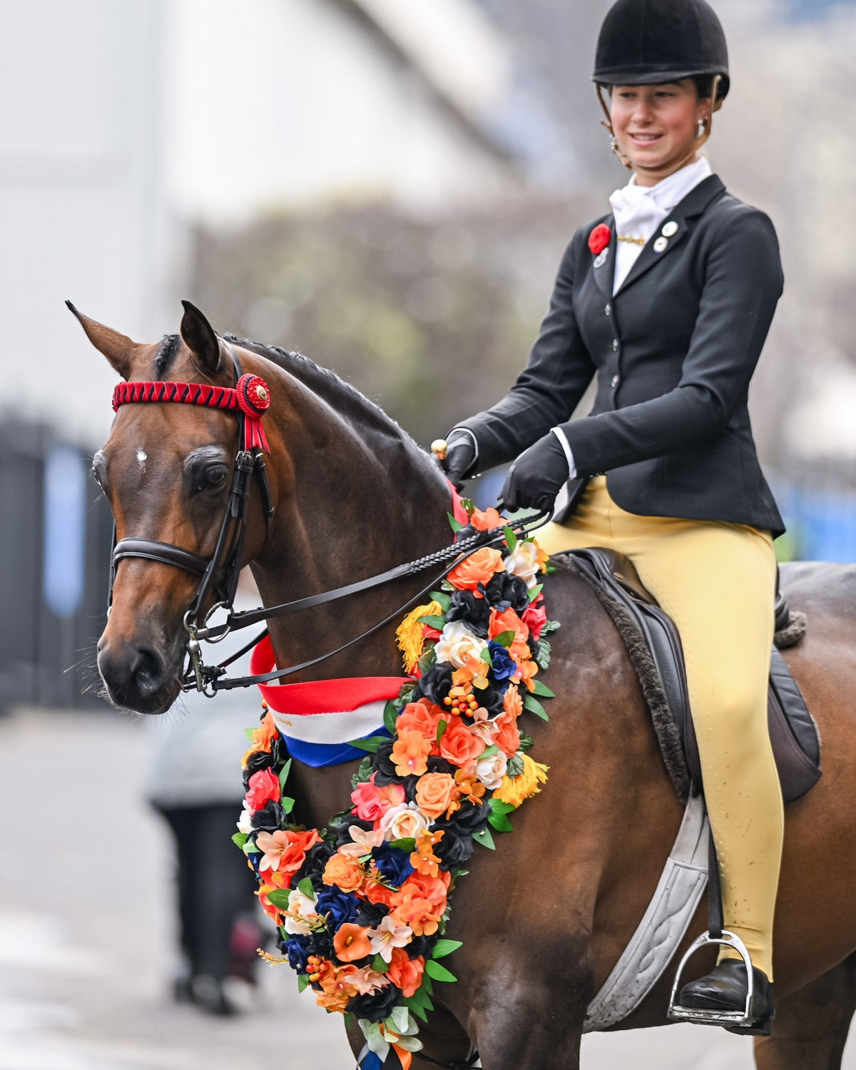 Rider wearing London Competition Tights in Buttercup with a champion's garland at Melbourne Royal 2026