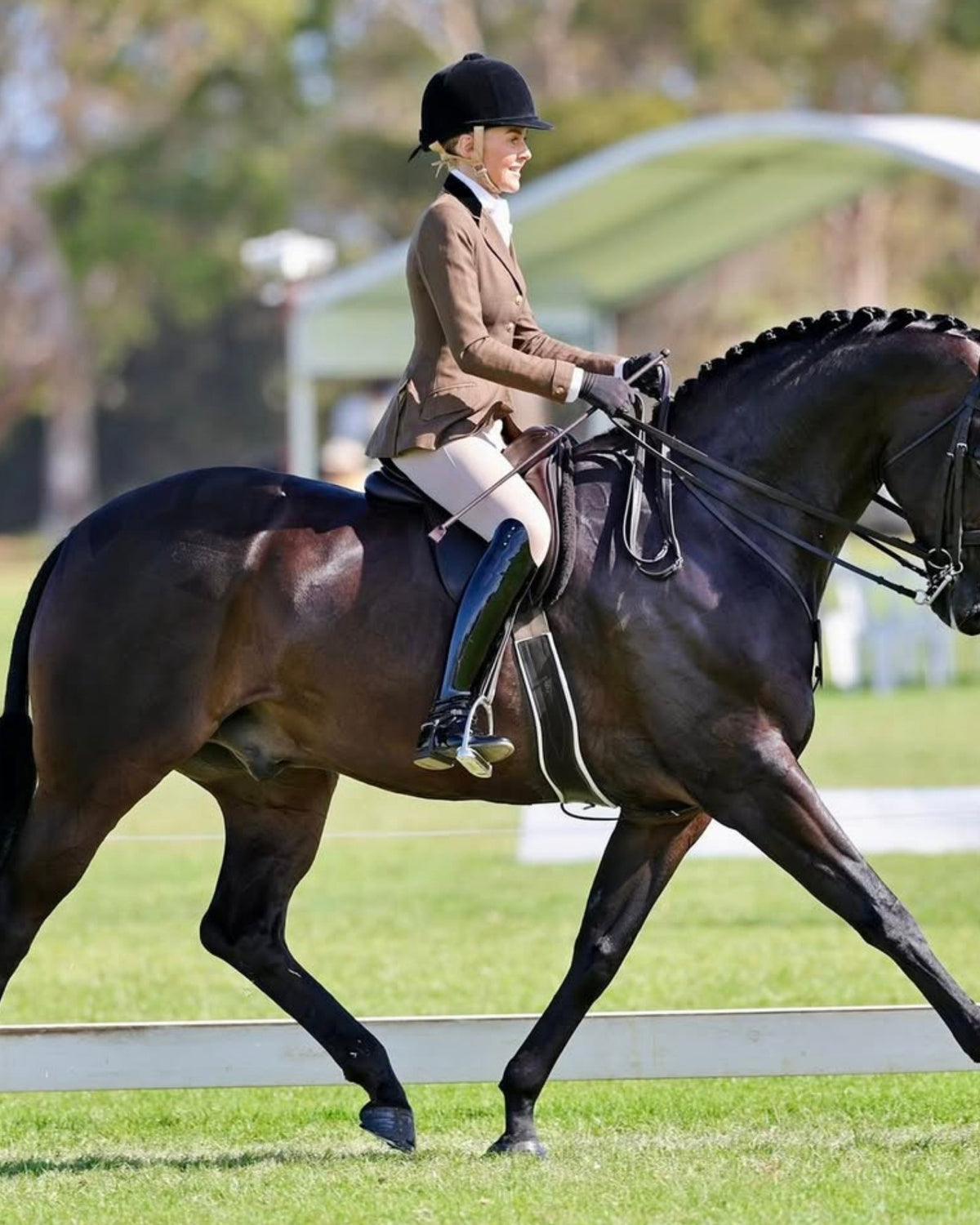 Rider wearing London Competition Tights in Hunter Beige trotting in the show ring